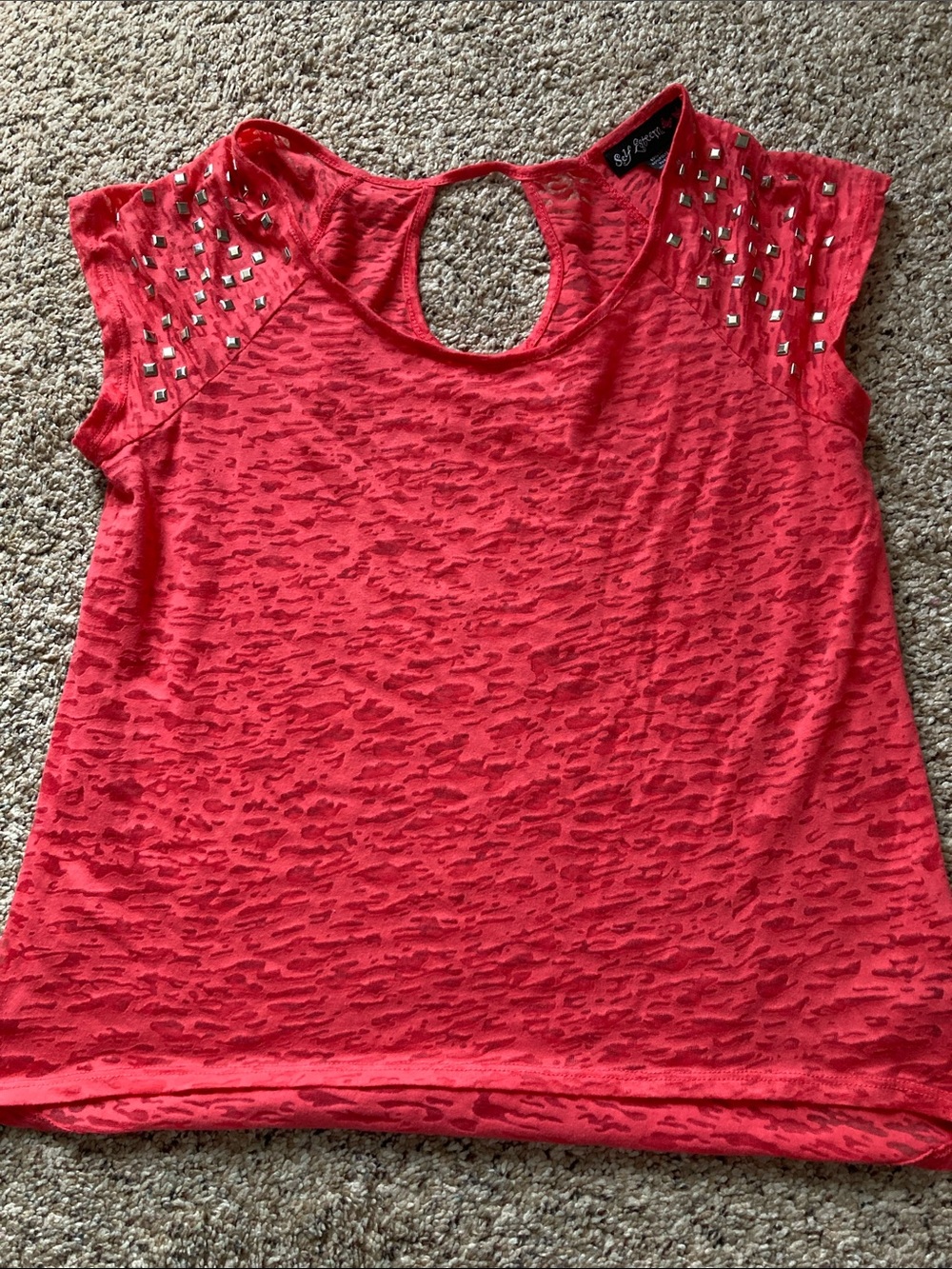 Self Esteem Coral Red Studded Burnout Cap-Sleeve Top